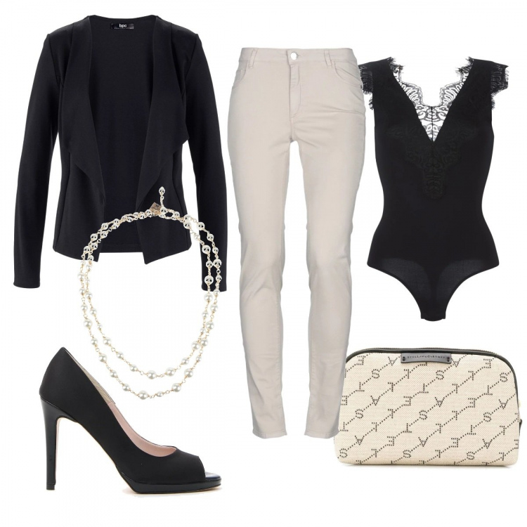Outfit donna - Chic dentro e fuori. Stile Chic per Serata fuori. Abbinamento con blazer, collane, pantaloni, corpo, borsa da viaggio con zip carne e oro, décolleté.