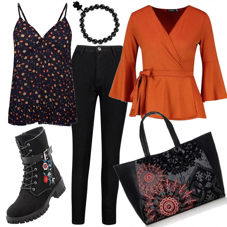 Outfit donna - Fiorellini al top. Stile Trendy per Tutti i giorni. Abbinamento con stivali, braccialetto, top a portafoglio petite con orlo a coste, jeggings push-up premaman effetto strappato vita alta in denim con spille nero, top, shopping bag con zip rosso.