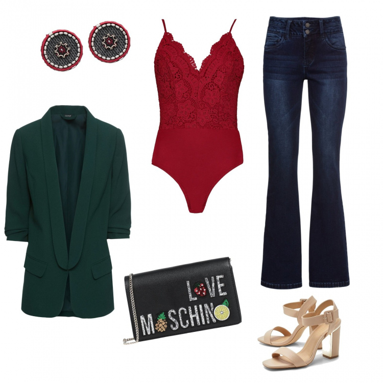 Outfit donna - For evening. Stile Trendy per Serata fuori. Abbinamento con blazer, jeans bootcut, borsa a tracolla, orecchini, body, scarpa col tacco.