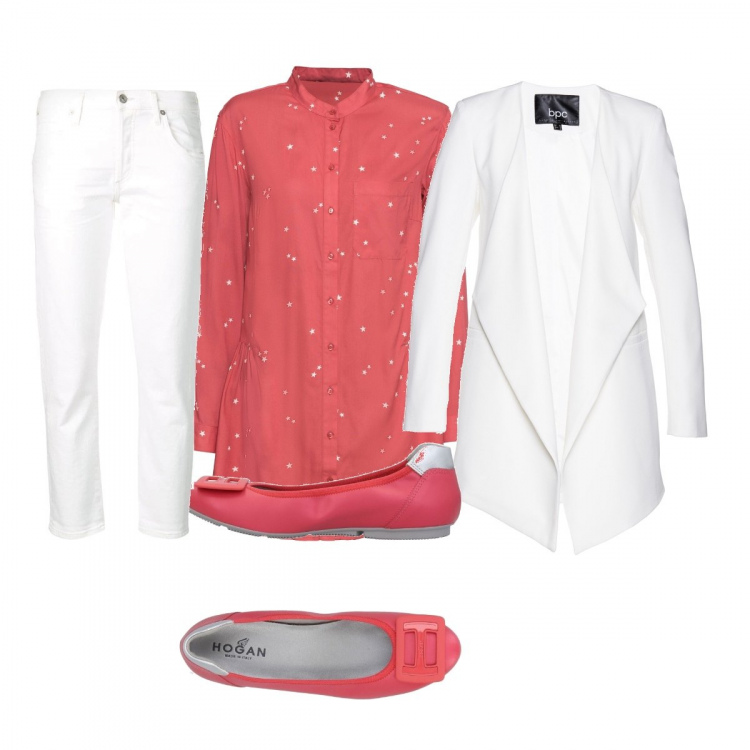 Outfit donna - Bianco corallo. Stile Bon Ton per Tutti i giorni. Abbinamento con camicie, vestiti, ballerine, pantaloni skinny.