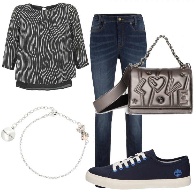 Outfit donna - Brisé. Stile Trendy per Tutti i giorni. Abbinamento con jeans skinny, camicie, borsa a mano, braccialetto, sneakers.