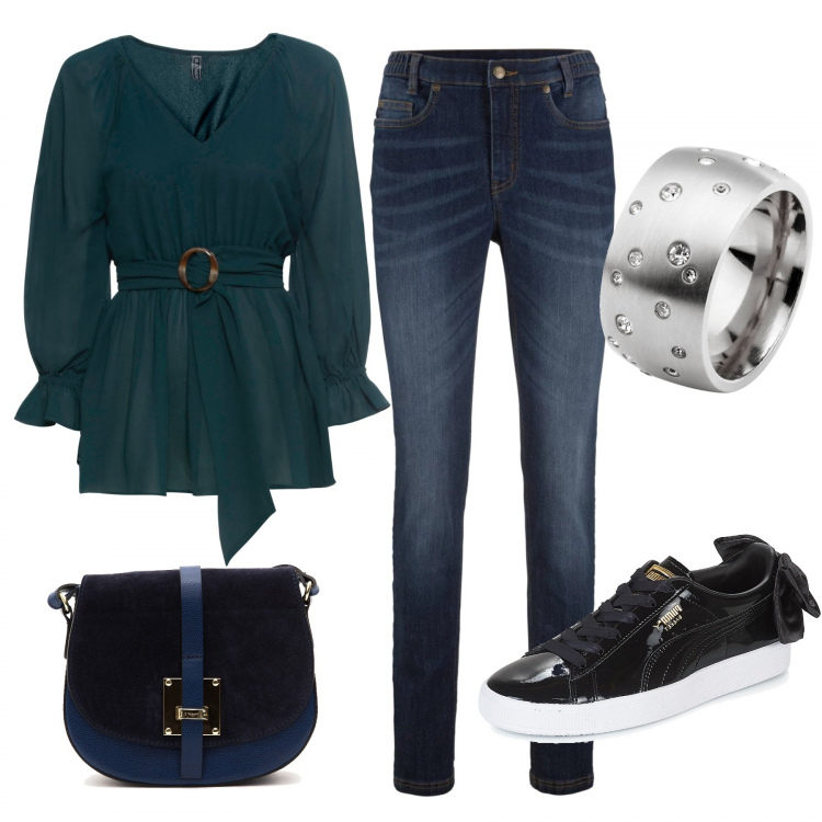 Outfit donna - La blusa con fusciacca. Stile Basic per Ufficio. Abbinamento con jeans skinny, bluse, anelli, sneakers, borse.