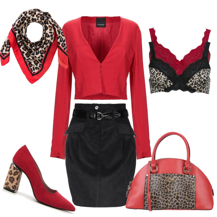 Outfit donna - Rosso leopardato. Stile Sexy per Tutti i giorni. Abbinamento con reggiseni, foulard, minigonna, borse a mano, blazer, décolleté.