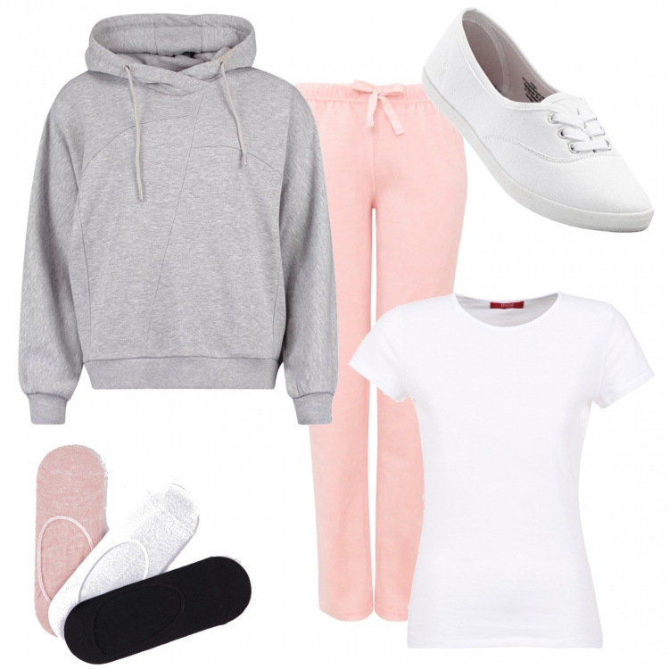 Outfit donna - In relax sul divano. Stile Basic per Tutti i giorni. Abbinamento con sneakers, calzini, felpa con cappuccio, t-shirt, pantalone lungo.