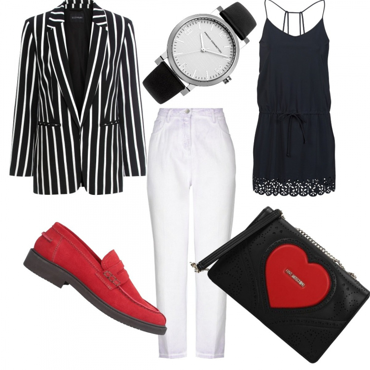 Outfit donna - Look in love. Stile Trendy per Tutti i giorni. Abbinamento con blazer, pantaloni, mocassini, borsa a tracolla, vestiti corti, orologi.