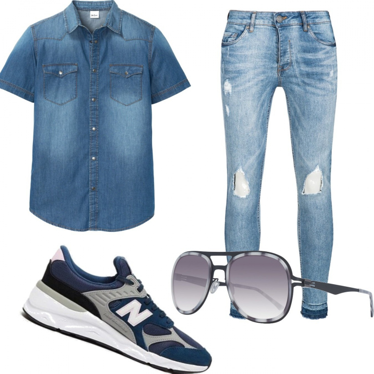 Outfit uomo - Casual #5042. Stile Casual per Tutti i giorni. Abbinamento con camicie a manica corta, sneakers, jeans, occhiali da sole.