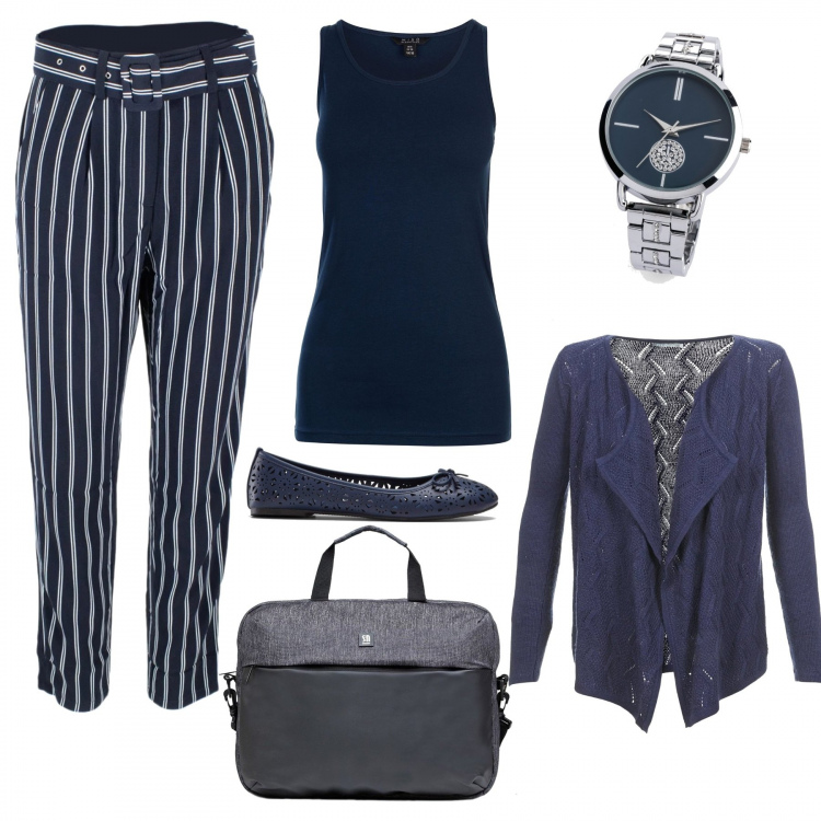 Outfit donna - In conference call!. Stile Basic per Ufficio. Abbinamento con ballerine, orologio, gilet, pantaloni, borsa, canottiera.