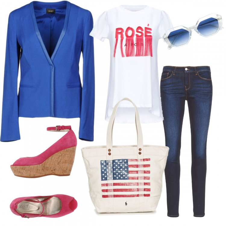 Outfit donna - Urban #8547. Stile Urban per Tutti i giorni. Abbinamento con décolleté, blazer, t-shirt, jeans skinny, borsa tote, occhiali da sole.