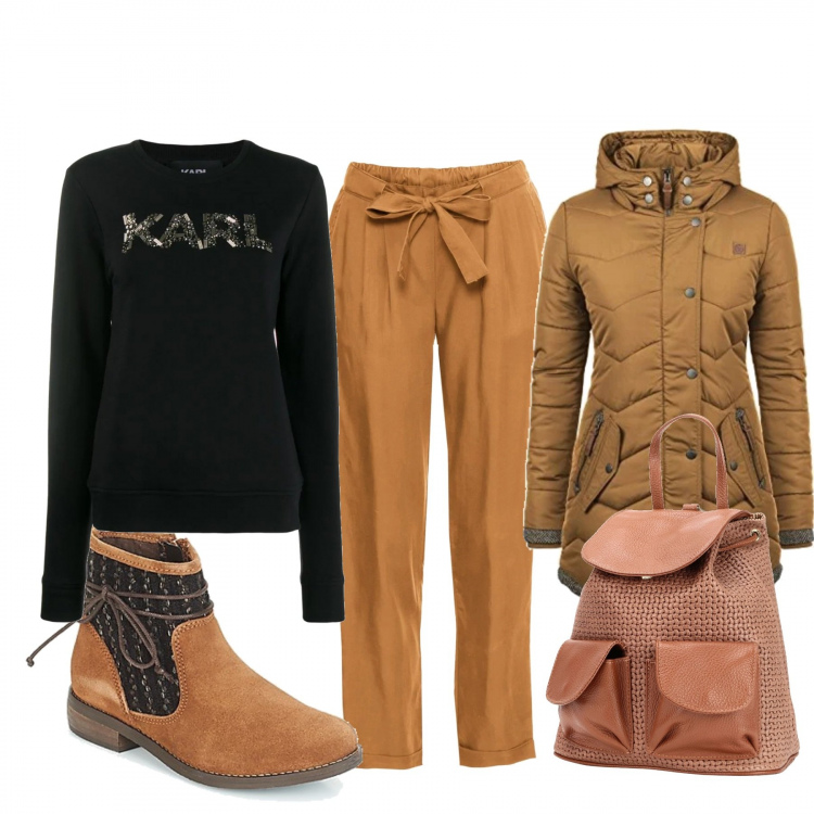 Outfit donna - Basic #10972. Stile Basic per Tutti i giorni. Abbinamento con zaino, shopping bag, stivaletti, felpa a coste girocollo a maniche lunghe con polsini nero, parka.