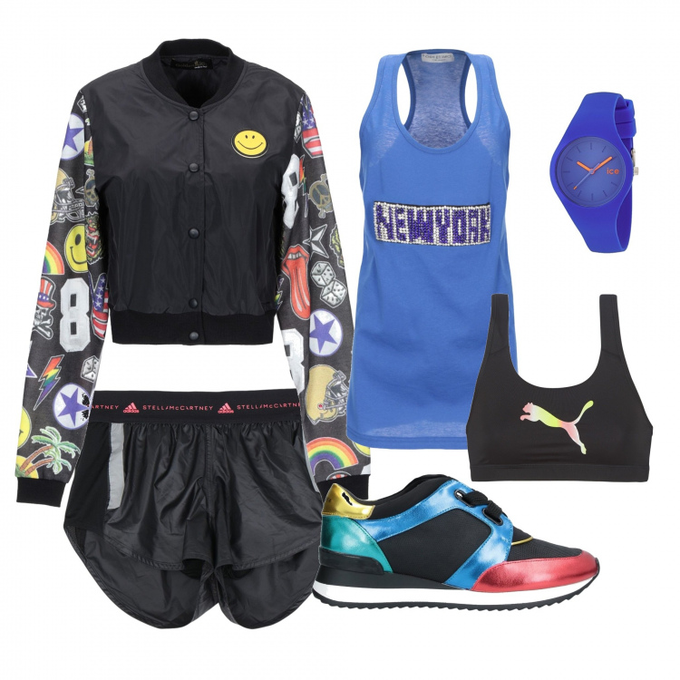 Outfit mujer - New york. Estilo Urban para Deporte. Combinación con orologio blu, reggiseno, sneakers, pantalone, felpa oro, top con strass jersey.