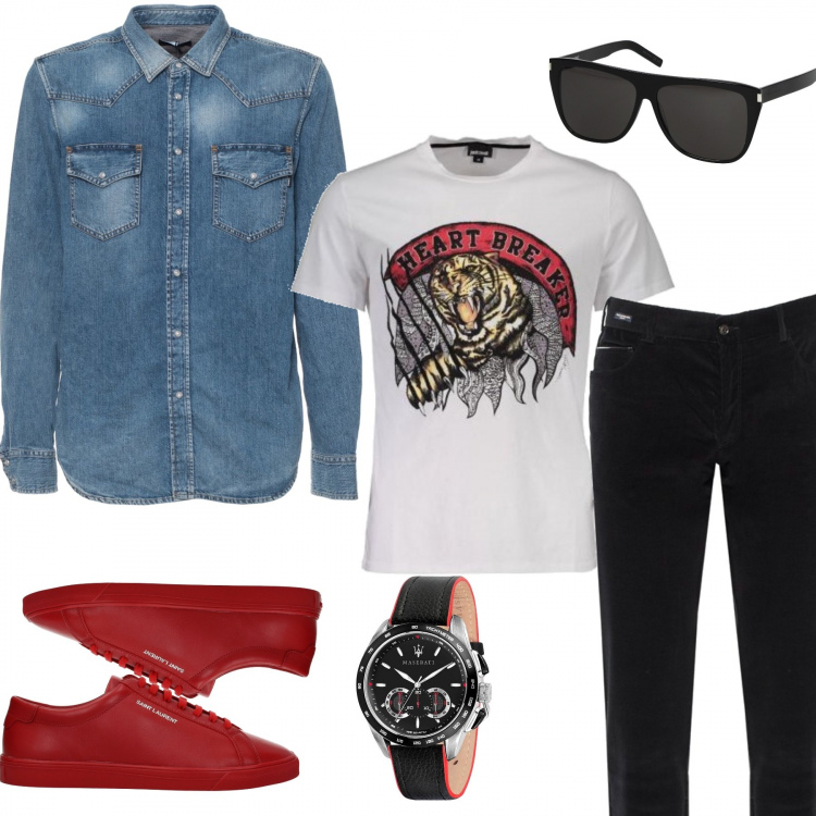 Outfit uomo - Denim trend. Stile Urban per Tutti i giorni. Abbinamento con sneakers, occhiali da sole, pantaloni, t-shirt, camicia collo classico a maniche lunghe in denim con bottoni, orologio.