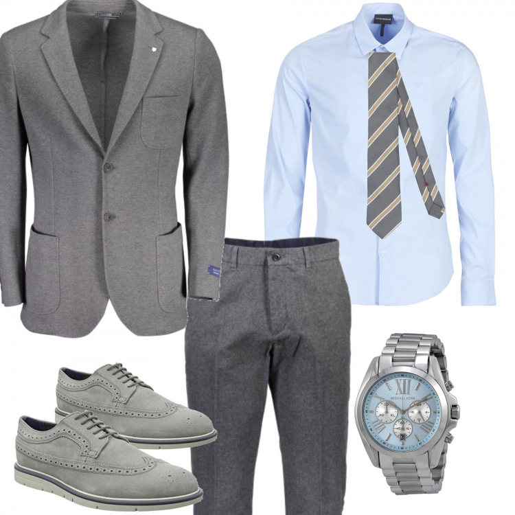 Outfit uomo - Cerimonia grey. Stile Business/Elegante per Cerimonia. Abbinamento con camicie, pantalone lungo, giacca, scarpe stringate, orologi.