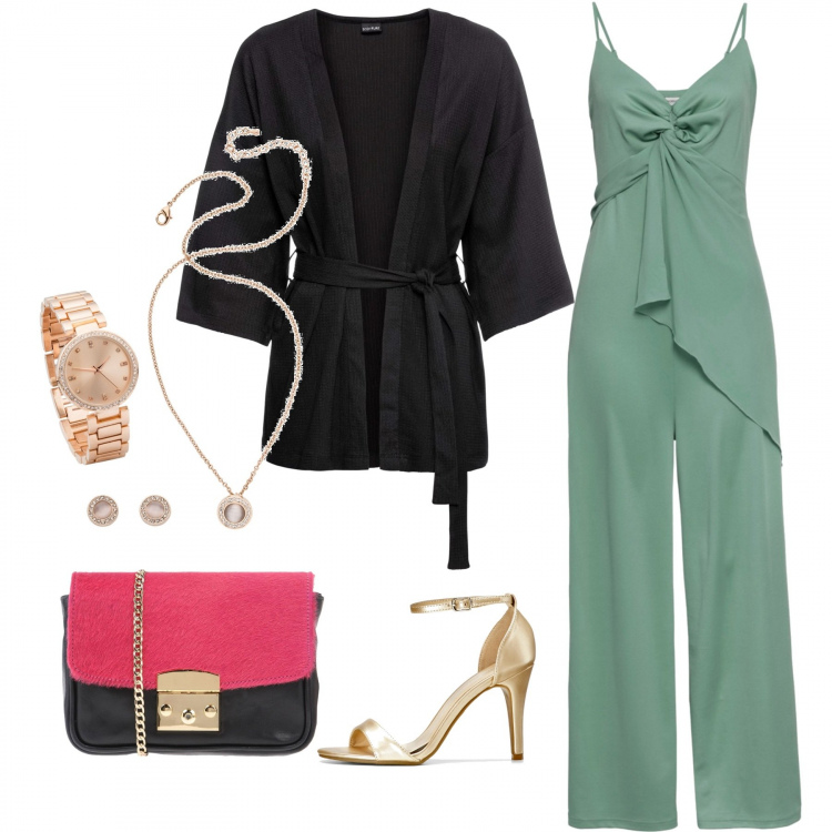 Outfit femme - Chic en combi. Style Chic pour Cérémonie. Assortir avec jumpsuit, salopettes et playsuit, écharpes, sandales, sabots, mules et tongs tendance, boucles d'oreilles, sacs à bandoulière et portés à l'épaule.
