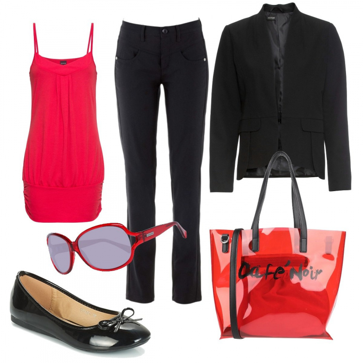 Outfit donna - Rosso in ufficio. Stile Urban per Ufficio. Abbinamento con top, pantaloni, blazer, borse a mano, ballerine, occhiali da sole.