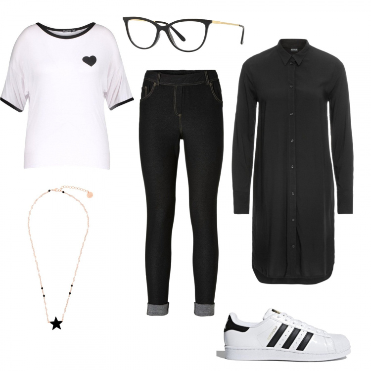 Outfit donna - Smartworking. Stile Basic per Tutti i giorni. Abbinamento con jeggings, camicia lunga, occhiali, collane, t-shirt, sneakers.