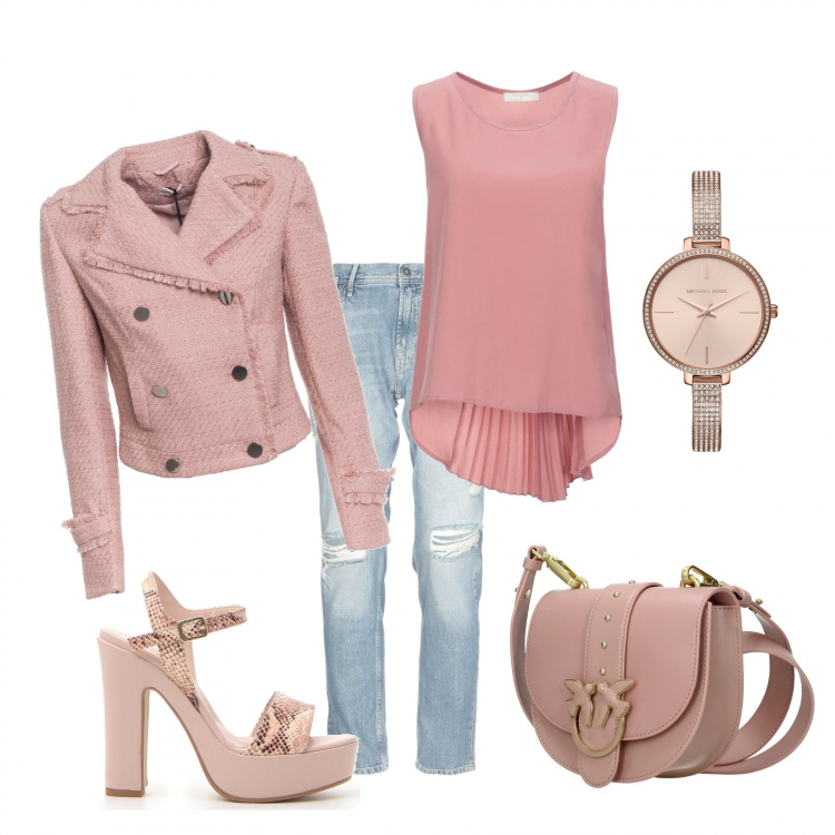 Outfit donna - Light pink. Stile Trendy per Tutti i giorni. Abbinamento con top, jeans dritti, orologio, borsa a tracolla, giubbotto, sandali col tacco.