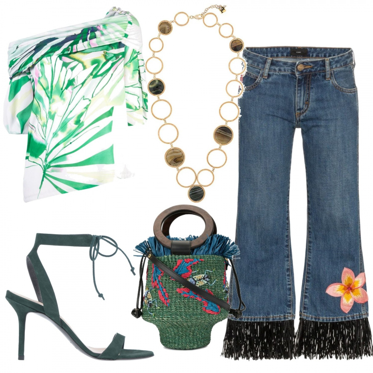 Outfit donna - Honululu arrivo!. Stile Trendy per Tutti i giorni. Abbinamento con sandali col tacco, blusa, jeans, borse a secchiello, ciondolo.