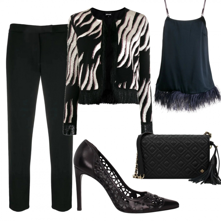 Outfit donna - Piume di struzzo nero. Stile Bon Ton per Serata fuori. Abbinamento con décolleté, borsa a tracolla, cardigans, top, pantalone lungo.