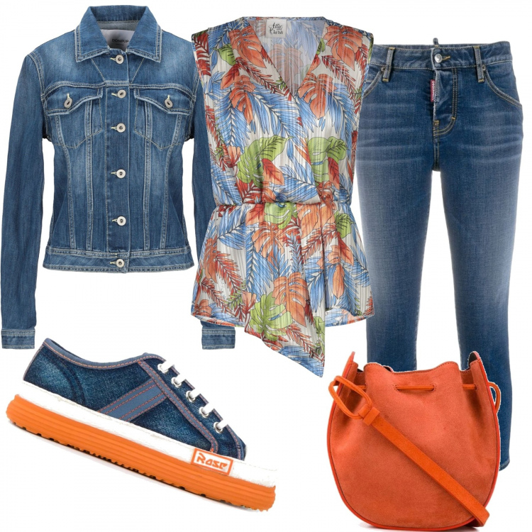Outfit donna - Denim che conquista. Stile Basic per Tutti i giorni. Abbinamento con top, blazer, sneakers, borse a secchiello, jeans.
