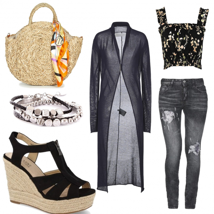 Outfit mujer - Cárdigan Largo. Estilo Étnico para Todos los días. Combinación con espadrillas, pulseras, bolso shopper, pantalone in denim, maglioncino, top.