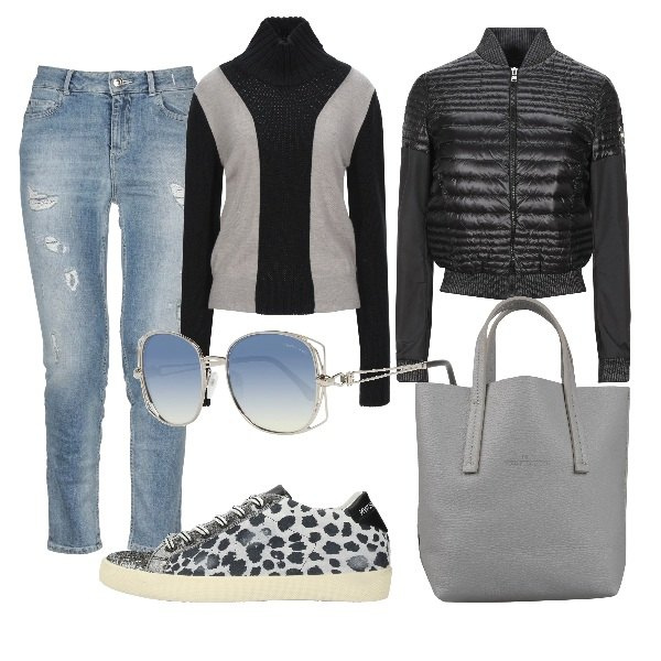 Outfit donna - Trendy #18539. Stile Trendy per Scuola/Università. Abbinamento con piumino, jeans, sneakers, borsa a mano, pullovers, occhiali da sole.