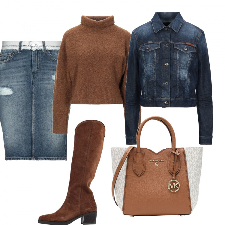 Outfit donna - Trendy #18540. Stile Trendy per Tutti i giorni. Abbinamento con borse a mano, stivali, gonna, giubbotto.