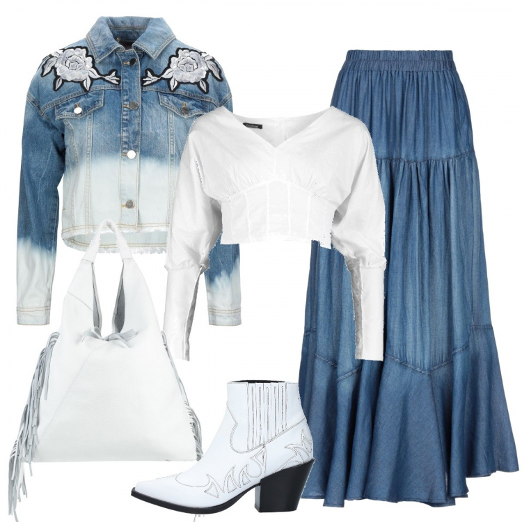 Outfit donna - Folk in Denim. Stile Trendy per Tutti i giorni. Abbinamento con gonna lunga, giubbotto, stivaletti, borse a spalla, camicia.