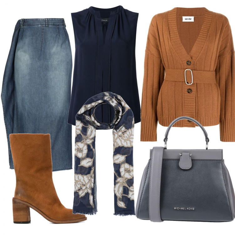 Outfit donna - Trendy #18542. Stile Trendy per Tutti i giorni. Abbinamento con gonna, borse a mano, stole, cardigans, top, stivaletti.