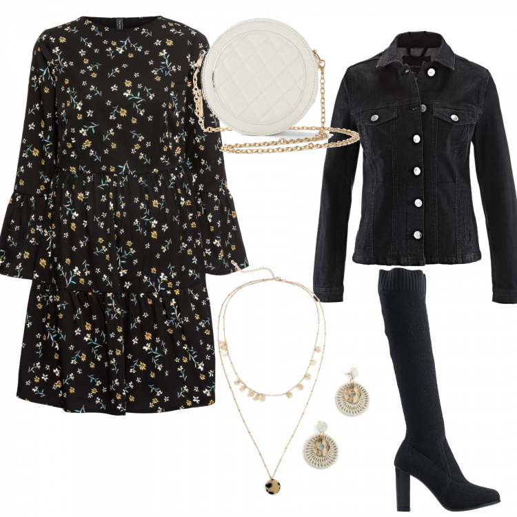 Outfit femme - Élégante en fleurs. Style Tendance pour Soirée dehors. Assortir avec robes longues, colliers et pendantifs, manteaux, sac, bottes.