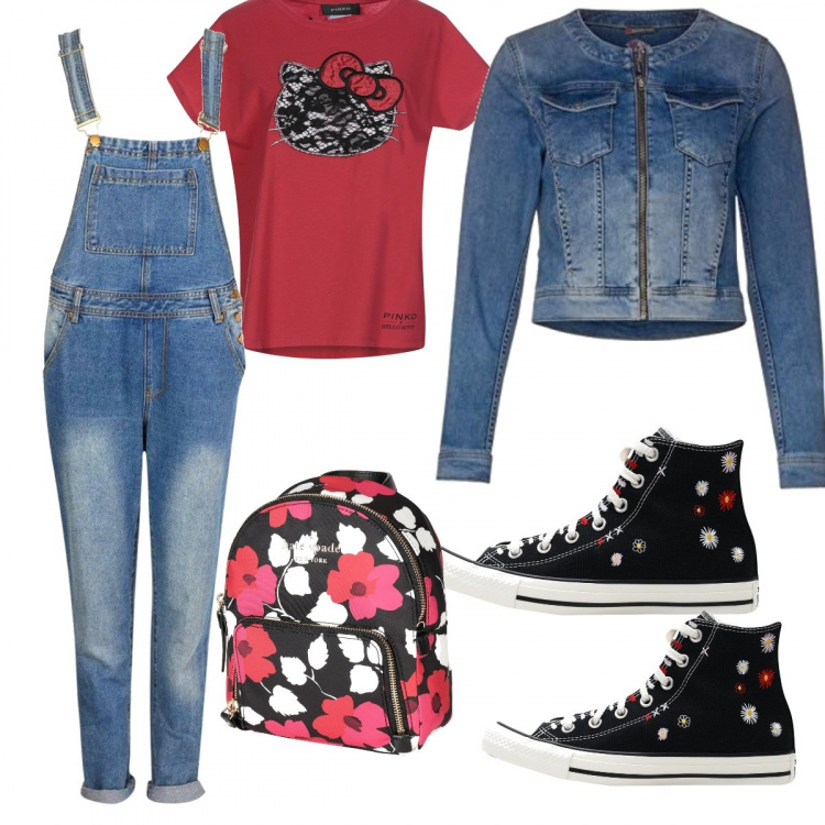 Outfit donna - Protagonista il Denim. Stile Urban per Tutti i giorni. Abbinamento con sneakers alte, t-shirt, zaino, salopette, giubbotto.