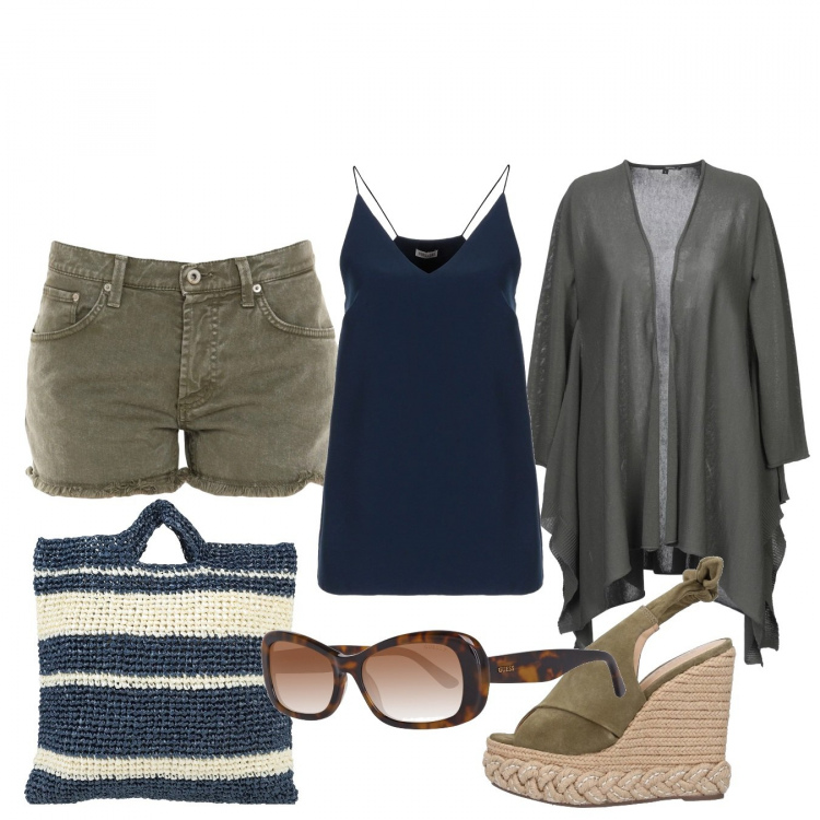 Outfit donna - Voglia di caldo. Stile Basic per Tutti i giorni. Abbinamento con sandali col tacco, borsa a mano, top, cardigans, shorts, occhiali da sole.