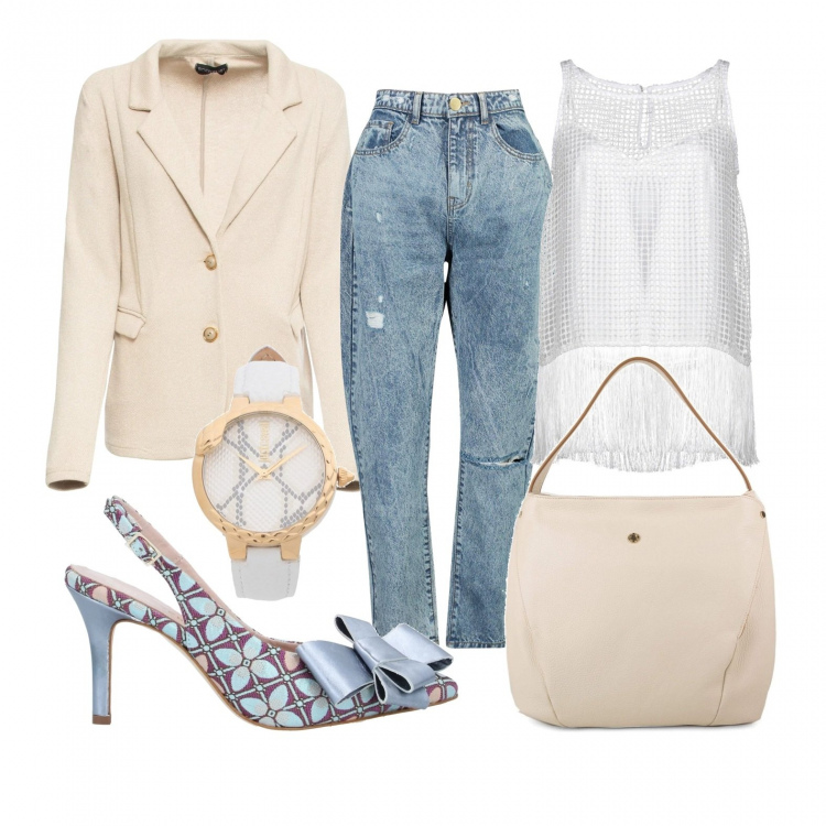 Outfit donna - Intramontabili jeans. Stile Trendy per Tutti i giorni. Abbinamento con reggiseni, top, décolleté, orologi, t-shirt baggy taglio dritto vita alta in denim effetto strappato azzurro, borsa a mano.