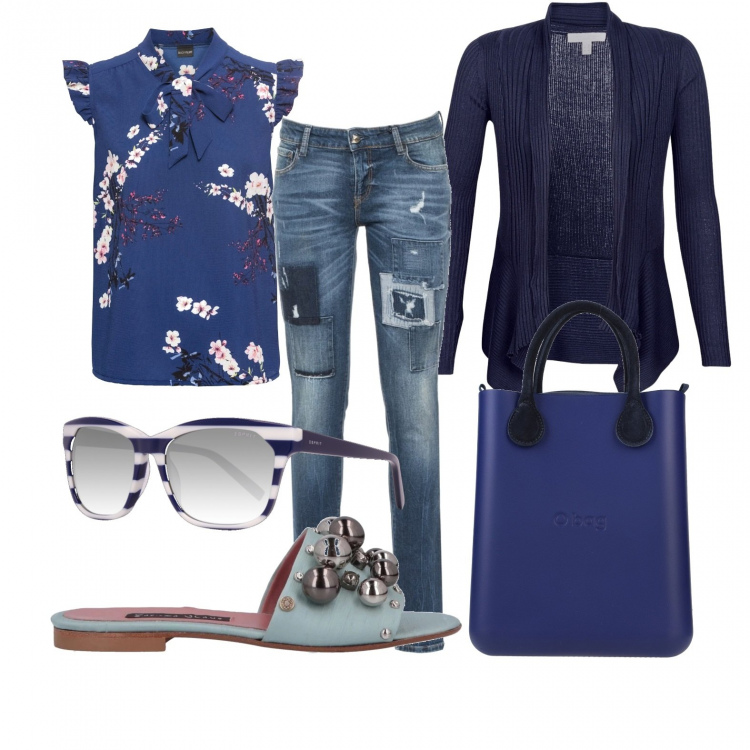 Outfit donna - Ciabattina e jeans. Stile Trendy per Tutti i giorni. Abbinamento con bluse, sandali, borse a mano, gilet, jeans, occhiali da sole.