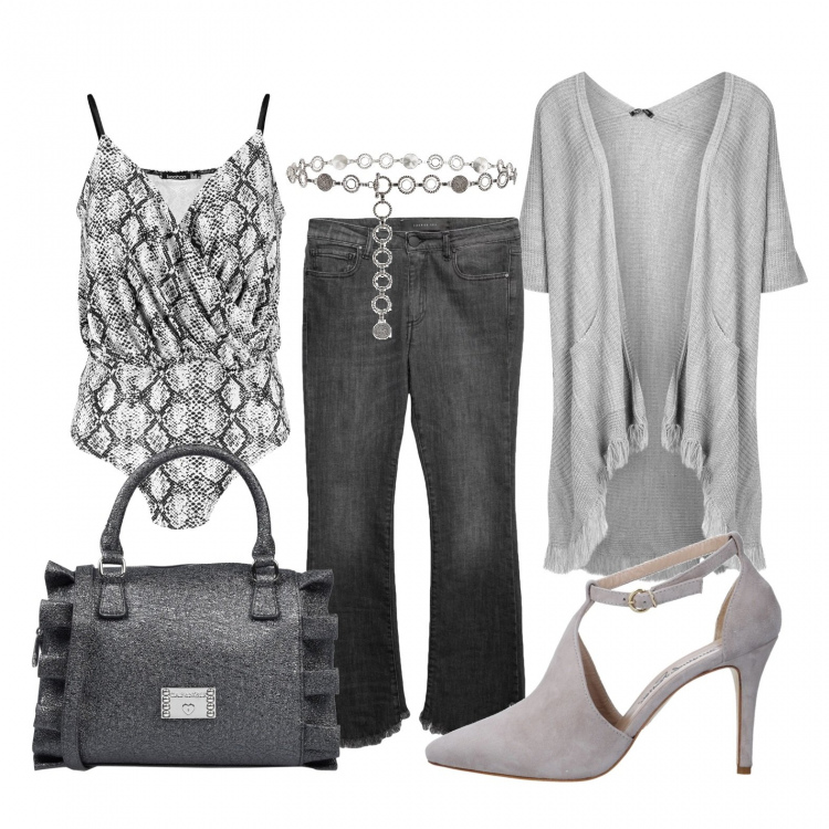 Outfit donna - Top e cardigan. Stile Chic per Ufficio. Abbinamento con cinture, borse a mano, stivaletti, jeans, corpo, cardigan.