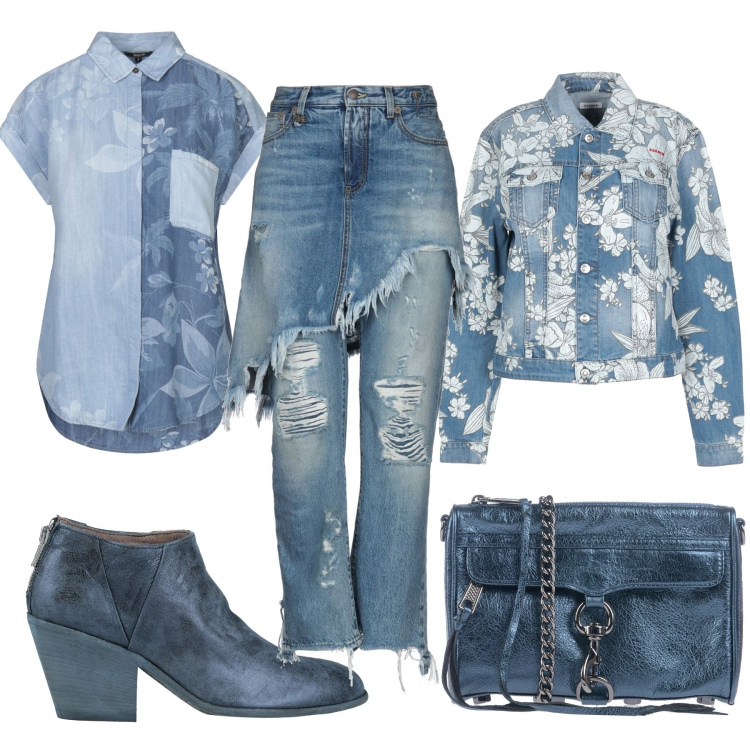 Outfit donna - Jeans al quadrato. Stile Trendy per Serata fuori. Abbinamento con jeans strappati, borse a mano, camicia jeans fantasia floreale collo classico a maniche corte in denim con bottoni, stivaletti, giubbotto.