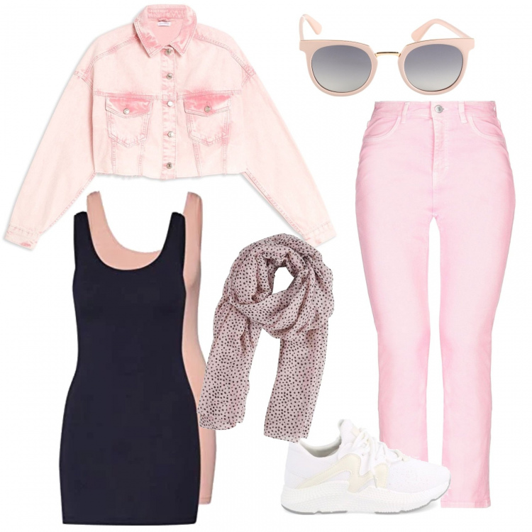 Outfit mujer - Basic #11052. Estilo Basic para Todos los días. Combinación con blazer, sneakers, sciarpa, gafas de sol, pantalone in denim, giubbino in denim.