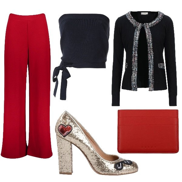 Outfit donna - Bon Ton #8644. Stile Bon Ton per Ufficio. Abbinamento con cardigans, décolleté, pantaloni, portafogli, top con nodi e spalline in in maglia navy.