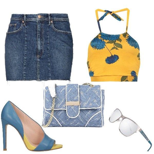 Outfit donna - Trendy #18583. Stile Trendy per Serata fuori. Abbinamento con décolleté, gonna, borse a tracolla, top, occhiali da sole.