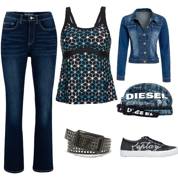 Outfit femme - Total Jean. Style Tendance pour Tous les jours. Assortir avec maillots de bain une pièce, jean bootcut, vestes, blazers et manteaux, sacs de voyage et trousses de toilette, sneakers, ceintures et bretelles.