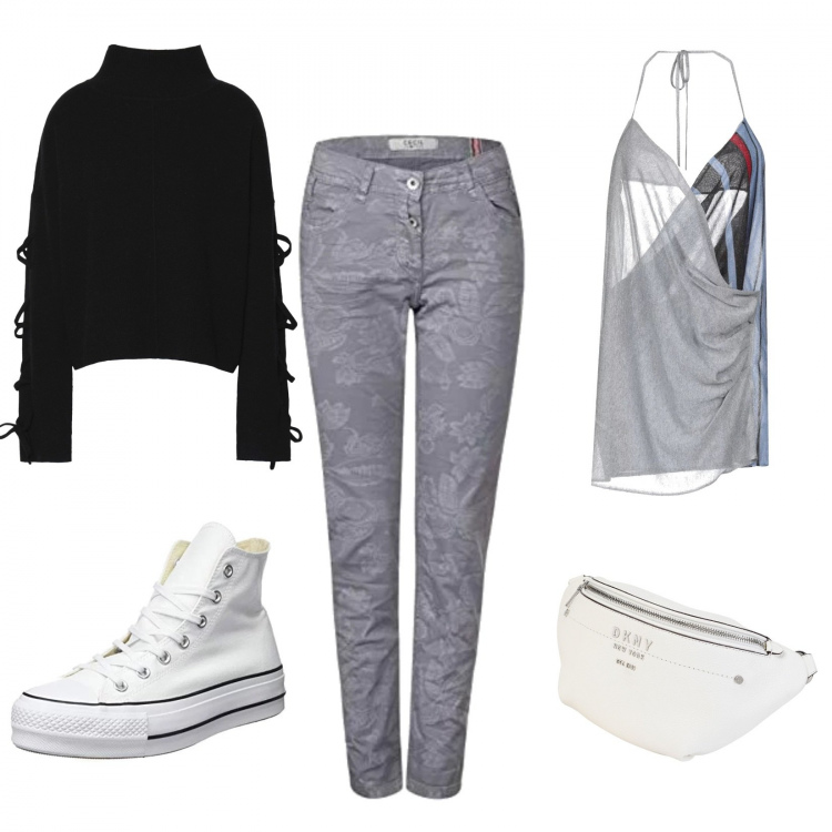 Outfit mujer - Urban #8619. Estilo Urban para Todos los días. Combinación con pantalone con cintura taglia media grigio, sneakers, top, blazer jersey, mochila.