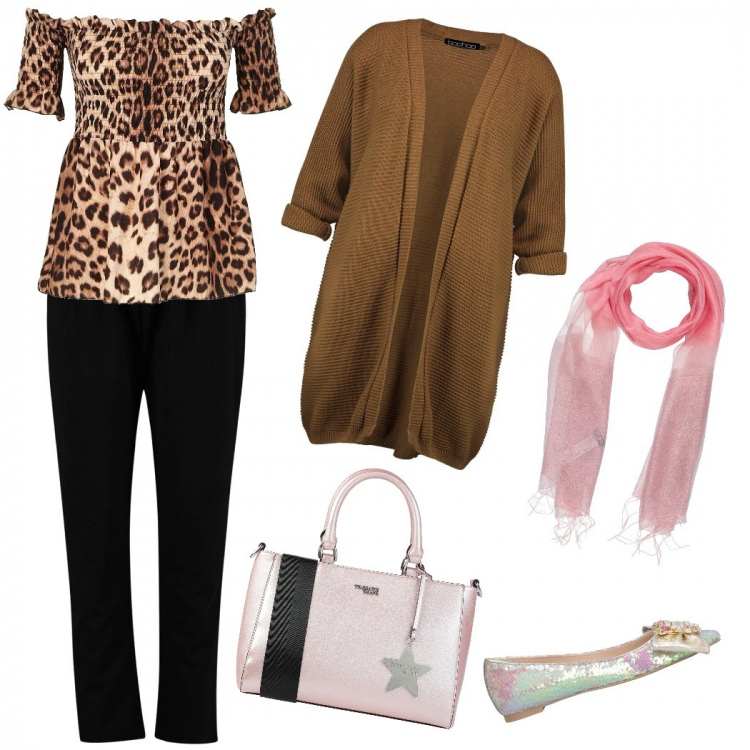 Outfit donna - Top e cardigan - donna curvy. Stile Basic per Tutti i giorni. Abbinamento con ballerine, scaldacollo, borsa a mano, top, cardigan, pantaloni.