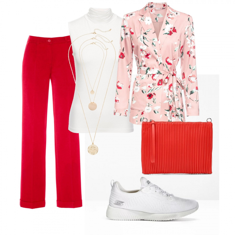 Outfit donna - Elegante e comoda. Stile Trendy per Ufficio. Abbinamento con pantaloni, jeans, sneakers, top, ciondoli, pochette.