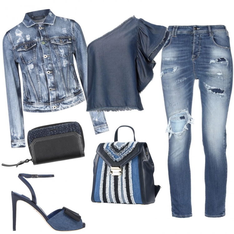 Outfit femme - Total denim. Style Bon Ton pour Tous les jours. Assortir avec hauts, jeans, manteaux, trenchs et éco-fourrures, sacs-à-dos, sandales, sabots, mules et tongs tendance, porte-feuilles et porte-monnaie.
