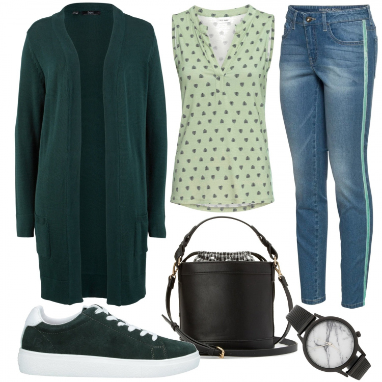 Outfit femme - Complètement verte. Style Basique pour Tous les jours. Assortir avec t-shirts, gilets sans manche, jean skinny, sacs à main, sneakers, montres.
