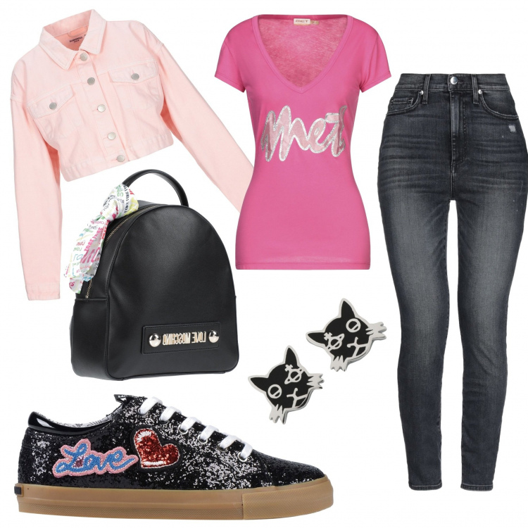 Outfit mujer - Denim Pink & Black. Estilo Urban para Todos los días. Combinación con sneakers, top jersey, vaqueros, pendientes, giubbino in denim, zaino mini.