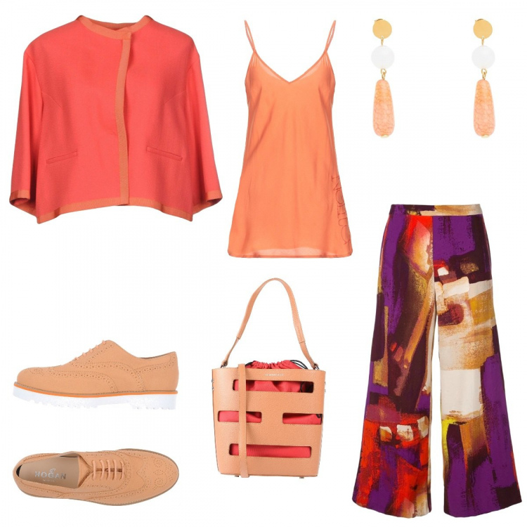 Outfit donna - Trendy #18660. Stile Trendy per Ufficio. Abbinamento con scarpe stringate, giacca, borse a spalla, orecchini, top, pantalone lungo.