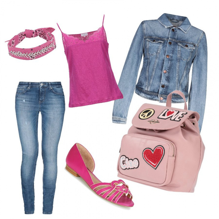 Outfit mujer - Denim mania. Estilo Urban para Escuela/Universidad. Combinación con bailarinas, camiseta, vaqueros, collares, giubbino in denim, zaino.
