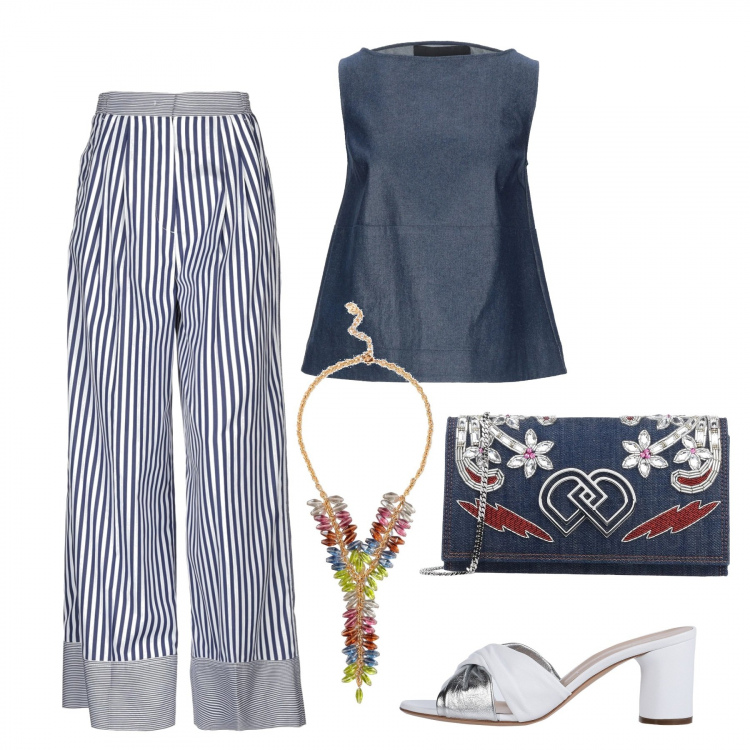 Outfit mujer - Trendy #18680. Estilo Trendy para Todos los días. Combinación con top, pantalone, sandalias, zuecos, mules y chanclas de moda, collares, borsa a tracolla mini fantasia floreale in denim.