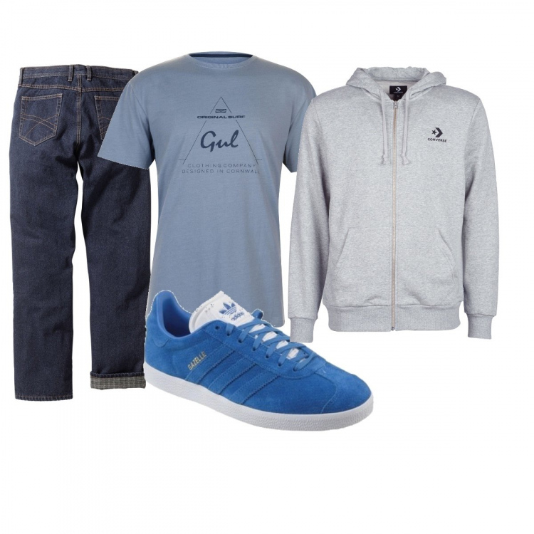 Outfit uomo - Sportivo e casual. Stile Urban per Tutti i giorni. Abbinamento con jeans dritti, felpa con cappuccio, sneakers, t-shirt.