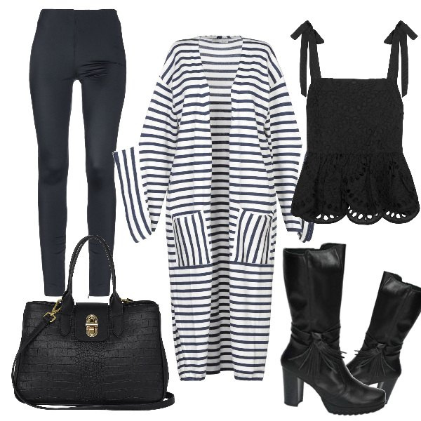 Outfit mujer - Comforty and chic. Estilo Trendy para Todos los días. look ideal para Petite. Combinación con botas, borsa a mano, maglioncino, top, leggings.